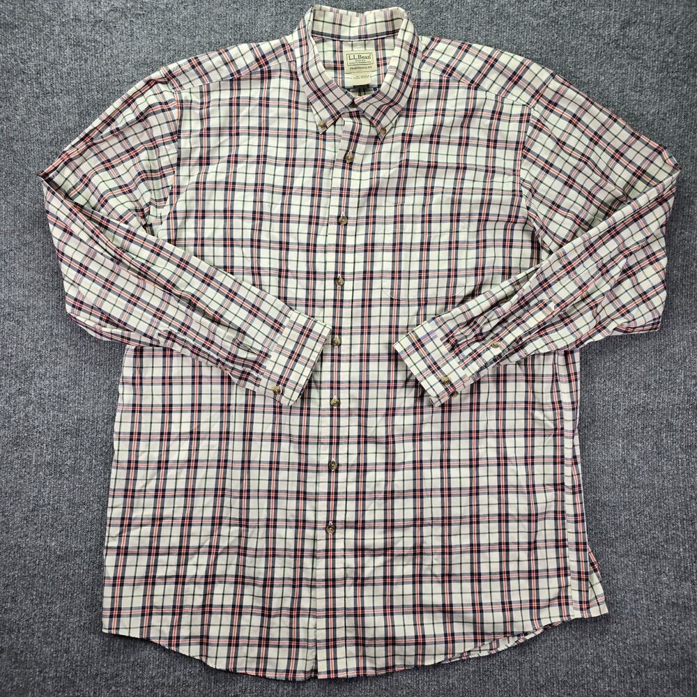 LL Bean Shirt Mens XL Tall Cream Navy Plaid Long Sleeve Button Down Casual